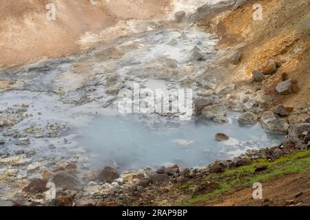 Sorgenti calde di zolfo fumanti dell'area geotermica di Seltun, Krysuvik, penisola di Reykjanes in Islanda Foto Stock