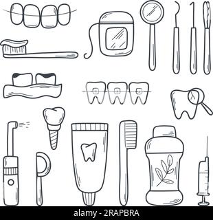 Icona Dodle Set per odontoiatria. Simboli di salute orale. Strumenti odontoiatrici, denti, prostene, prodotti per l'igiene, irrigatore, filo interdentale, impianto. Simbolo semplice Illustrazione Vettoriale
