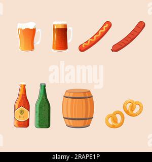 clip art birra, barile, salsicce e birre all'oktoberfest. Illustrazione vettoriale, set Illustrazione Vettoriale
