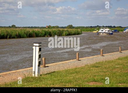 Una vista di uno Staithe con ormeggi e un incrociatore che si dirige sul fiume Bure sulle Norfolk Broads a Stokesby, Norfolk, Inghilterra, Regno Unito. Foto Stock