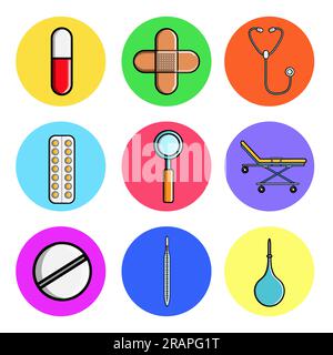 Set di icone rotonde mediche, articoli per apparecchiature mediche capsula, pillola, cerotto, stetoscopio, piastra, lente di ingrandimento, gurney, termometro, enema. Concetto: Healthca Illustrazione Vettoriale