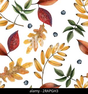 Acquerello foglie autunnali cadute motivo senza cuciture su bianco. Sfondo botanico autunnale nei colori rosso, giallo e verde Foto Stock