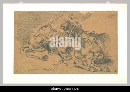 Lion Devouring a Horse di Eugene Delacroix Foto Stock