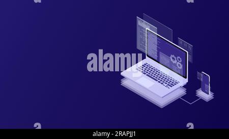 Interfaccia utente per lo sviluppo del software e il test del codice per dispositivi mobili e computer in visualizzazione isometrica Illustrazione Vettoriale
