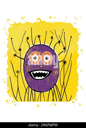 Divertente mostro amichevole rotondo, creatura sorridente felicemente su uno sfondo giallo brillante Foto Stock