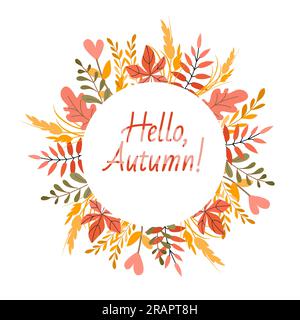Cornice autunnale con foglie. Corona vettoriale di elementi autunnali in stile piatto. Illustrazione Vettoriale