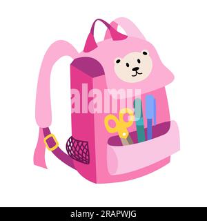 Stile cartoni animati con borsa da scuola. Istruzione e studio di ritorno a scuola, bagaglio da scuola, illustrazione vettoriale dello zaino Illustrazione Vettoriale