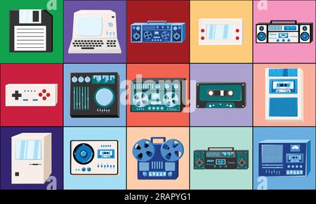 Set di icone vecchio retro vintage hipster tech elettronica: Cassette audio registratore a nastro, computer, console di gioco per videogiochi dal 70s, 80s, 90s. Illustrazione Vettoriale