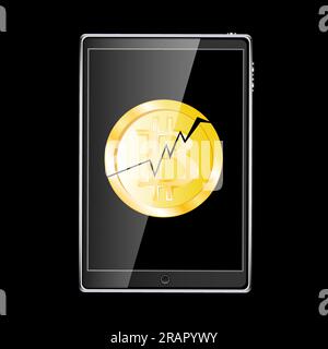 Un tablet sottile, nero e realistico, intelligente e sensibile al tocco, con un bitcoin infranto, criptovaluta incrinata isolato su un retro nero Illustrazione Vettoriale