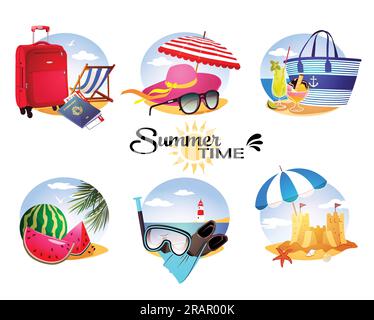 Set di etichette e icone per l'estate soleggiata Illustrazione Vettoriale