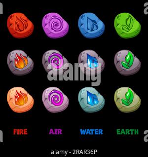 Design astratto del simbolo vento, aria, fuoco, acqua, terra su pietre per giochi o applicazioni in colori diversi. Icone per il gioco dell'interfaccia utente Illustrazione Vettoriale
