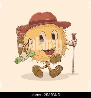 mascotte solare con zaino e cappello expolrer per mascotte di avventura estiva. sole con faccia sorridente . atmosfere tropicali. illustrazione vettoriale della mascotte sun vintage Illustrazione Vettoriale