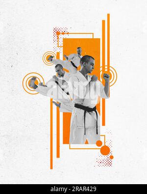 Giovane, karateka professionale in kimono bianco, formazione karate su sfondo astratto. Collage d'arte contemporanea. Foto Stock