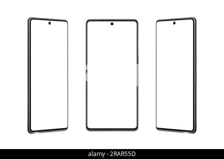 Smartphone isolato presentato dal lato sinistro, destro e anteriore, enfatizzando il suo profilo sottile e i bordi curvi. Schermo isolato per piattaforma e-commerce Foto Stock