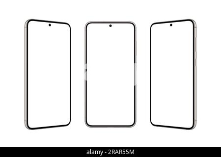 Piccolo telefono arrotondato con una piccola fotocamera integrata nel display. Schermo isolato e sfondo per il mockup e la presentazione delle app. po anteriore, sinistra e destra Foto Stock