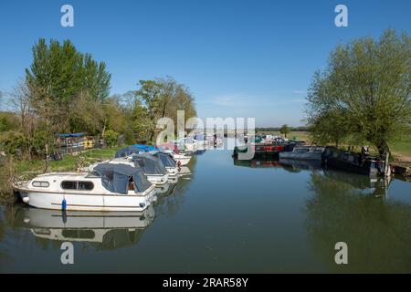 Barche ormeggiate a Fiddlers Island a Port Meadow a Oxford Foto Stock