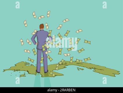 Illustrazione cartoon di un uomo d'affari dal retro in piedi sulla mappa di Panama con pioggia di denaro, Panama papers, scandalo, corruzione concetto Illustrazione Vettoriale
