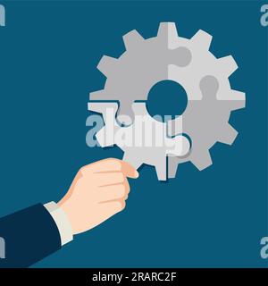 Illustrazione della mano dell'uomo d'affari che tiene l'ultimo pezzo di puzzle che forma un ingranaggio, un'azienda, completo, completamento, concetto di soluzione Illustrazione Vettoriale