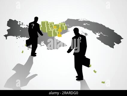 Silhouette illustrazione di un uomo d'affari con valigia a piedi alla mappa di Panama, Panama papers, scandalo, corruzione concetto Illustrazione Vettoriale