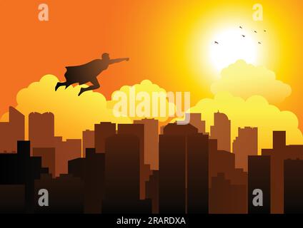 Silhouette cartone animato di un supereroe che vola sulla città Illustrazione Vettoriale