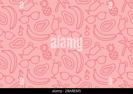 modello estivo senza cuciture con banana, cocktail, ananas, occhiali da sole, ciliegia, albero di palma e papaia - illustrazione vettoriale Illustrazione Vettoriale