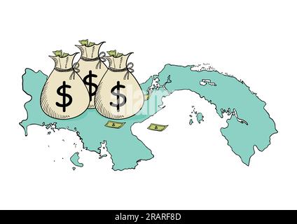 Illustrazione di schizzo dei sacchetti di denaro sulla mappa di Panama Illustrazione Vettoriale