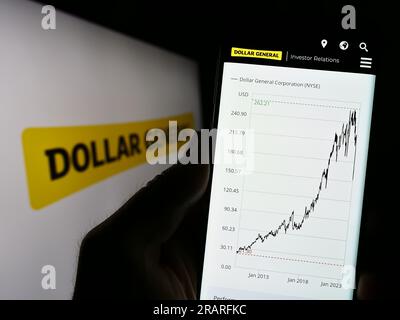 Persona che possiede uno smartphone con una pagina Web della società di vendita statunitense Dollar General Corporation sullo schermo con logo. Concentrarsi sul centro del display del telefono. Foto Stock