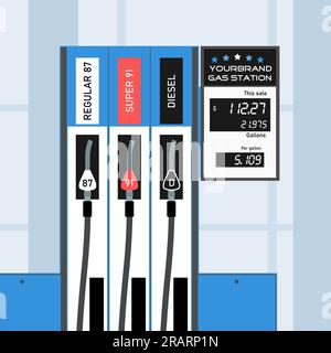 Prezzo del gas alla pompa del carburante. Stazione di servizio generica negli Stati Uniti. Anno americano 2022 prezzo del gas costoso. Illustrazione Vettoriale