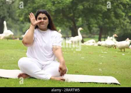 Donna obesa che esercita e fa Yoga posa in ambiente sereno verde la mattina presto nel parco per mantenere uno stile di vita sano. Giornata internazionale di yoga. Foto Stock