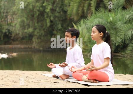 Bambini che fanno esercizi di yoga la mattina presto in un parco pubblico verde. Possiamo vedere il corpo d'acqua. I bambini sono attenti alla salute. Giornata internazionale dello yoga. Foto Stock