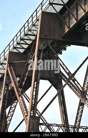 cavalletto per treni dettaglio di attraversamento della barra d'acciaio sotto i binari (viadotto moodna) primo piano dell'infrastruttura di rinforzo in metallo Foto Stock