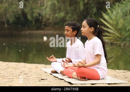 I bambini che si allenano e fanno yoga posa in ambiente sereno verde la mattina presto nel parco per mantenere uno stile di vita sano. Giornata internazionale di yoga. Foto Stock