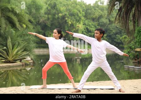 I bambini che si allenano e fanno yoga posa in ambiente sereno verde la mattina presto nel parco per mantenere uno stile di vita sano. Giornata internazionale di yoga. Foto Stock