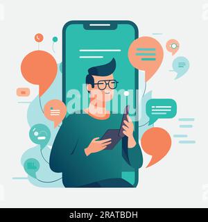 Concetto di conversazione, dialogo uomo, messaggero o supporto online. Illustrazione Vettoriale