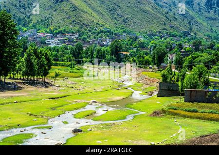 Fiume nella lussureggiante e verde valle del Kashmir Foto Stock