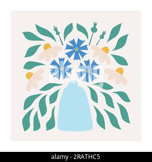 Poster del mercato dei fiori con semplici fiori di prato in vaso. Illustrazione vettoriale con camomilla, fiori di mais, foglie. Illustrazione Vettoriale