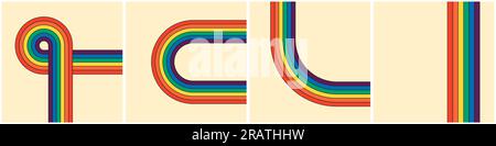 Poster quadrati a righe vintage arcobaleno. Lo stile rustico ricorda epoche passate. Percorsi geometrici dell'arcobaleno ispirati agli hippie. Le strisce iridescenti riflettono l'atmosfera retrò-hippy. Vari banner astratti Illustrazione Vettoriale