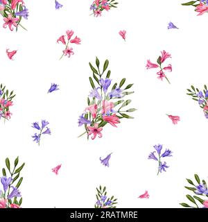 Delicato bouquet di giacinti blu e rosa, rami di eucalipto. Motivo floreale senza cuciture isolato su sfondo bianco. Illustrazione acquerello Foto Stock