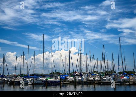 Barche ormeggiate a St. Porticciolo di Petersburg sotto un cielo blu Foto Stock