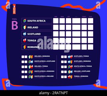 Programma per tutte le partite di rugby della piscina B, tabellone segnapunti della competizione di rugby 2023. Icona vettore. Illustrazione Vettoriale