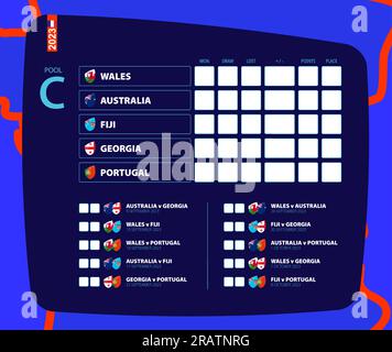 Programma per tutte le partite di rugby della piscina C, tabellone segnapunti della competizione di rugby 2023. Icona vettore. Illustrazione Vettoriale