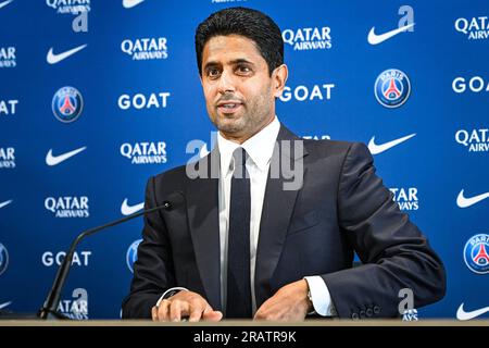 Nasser AL-KHELAIFI del PSG durante la presentazione di Luis ENRIQUE come nuovo allenatore del Paris Saint-Germain il 5 luglio 2023 al PSG Campus di Poissy, in Francia Foto Stock