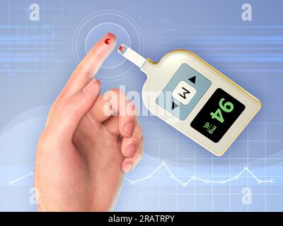 Glucosio monitor utilizzato per testare i livelli ematici di glucosio in un soggetto adulto. Illustrazione digitale, rendering 3D. Foto Stock