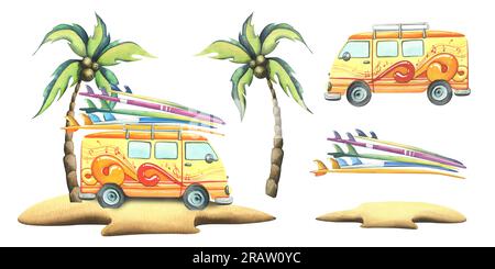 Un pulmino giallo con tavole da surf sul tetto cammina lungo un'isola sabbiosa con un albero di cocco. Illustrazione acquerello, disegnata a mano. Elementi isolati Foto Stock