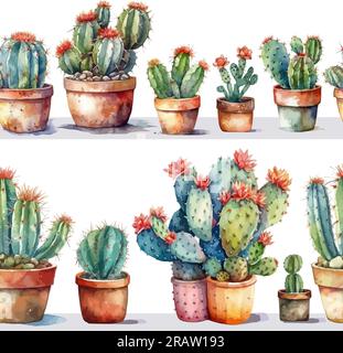 Splendido cactus ad acquerello in vasi di fiori con motivo senza cuciture. Illustrazione vettoriale Illustrazione Vettoriale