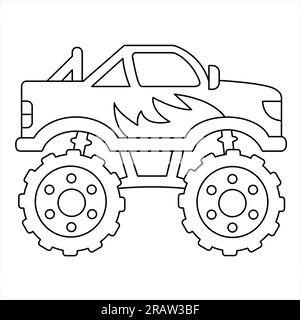 Pagina da colorare Monster Truck, struttura per attività per bambini, icona Vector veicolo fuoristrada. Cartoon Truck Illustrazione Vettoriale