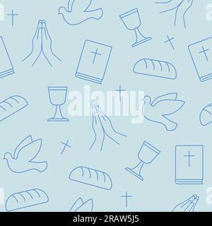 modello senza cuciture con icone della religione cristiana, santa comunione: bibbia, croce, colomba, pane, calice e mani preghiere; per confezionare, biglietti d'auguri Illustrazione Vettoriale