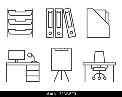 set di icone per attrezzature da ufficio: archiviazione di documenti, scrivania, computer, lavagna bianca, sedia - illustrazione vettoriale Illustrazione Vettoriale
