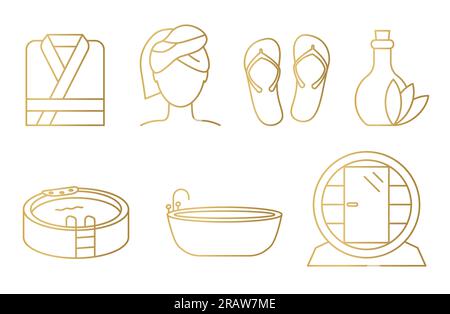 set di elementi spa dorati: accappatoio, asciugamano turbante, ciabatte, olio per massaggi, jacuzzi, vasca da bagno e sauna - illustrazione vettoriale Illustrazione Vettoriale