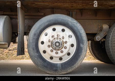 Ruota e pneumatico del veicolo polverosi con schema circolare rotondo. Sono visibili anche il serbatoio del gas e il paraspruzzi. Foto Stock